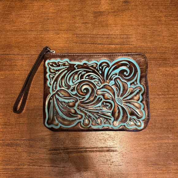 Patricia Nash Handbags - Patricia Nash Cassini Leather Wristlet Clutch Tooled Turquoise NWOT